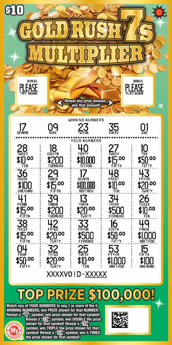 Gold Rush 7S Multiplier scratchcard - game number #694 - front-scratched