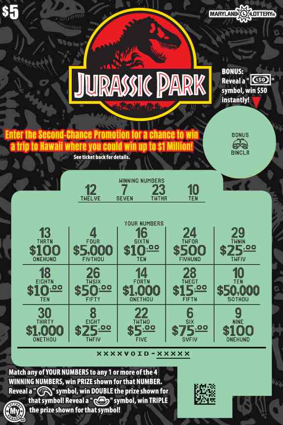 Jurassic Park scratchcard - game number #764 - front-scratched