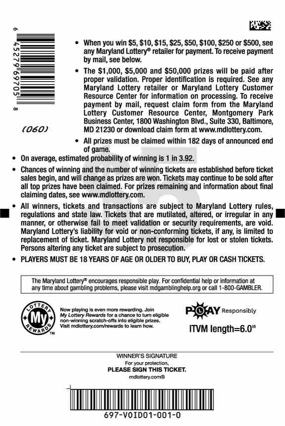 Lots Of Cash scratchcard - game number #697 - back