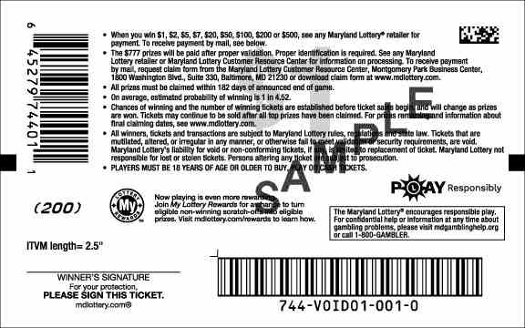 Lucky 7S scratchcard - game number #744 - back