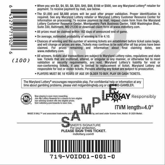 Magic 8 Ball scratchcard - game number #719 - back