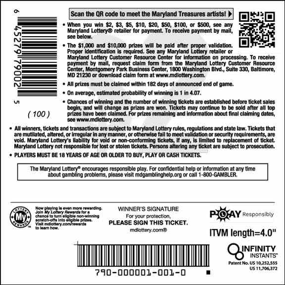 Maryland Treasures scratchcard - game number #790 - back