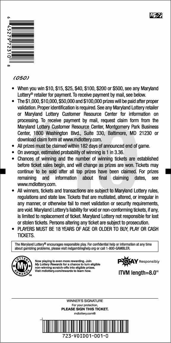 Mega Bucks scratchcard - game number #723 - back