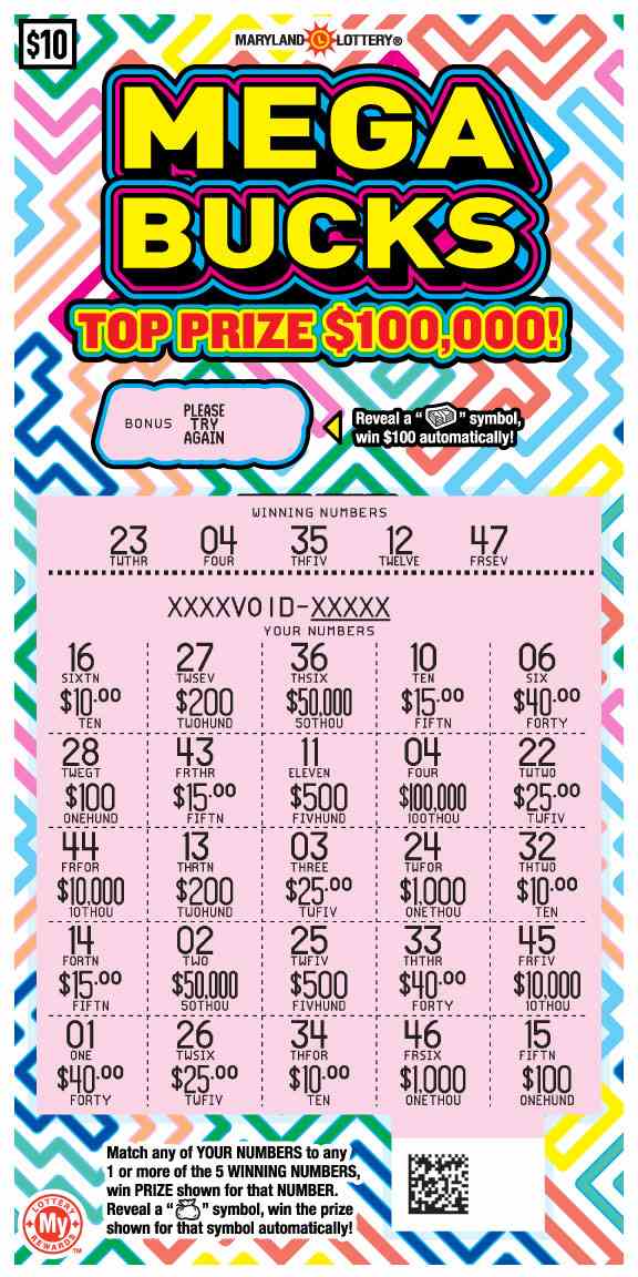 Mega Bucks scratchcard - game number #723 - front-scratched