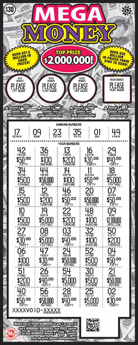 Mega Money scratchcard - game number #690 - front-scratched