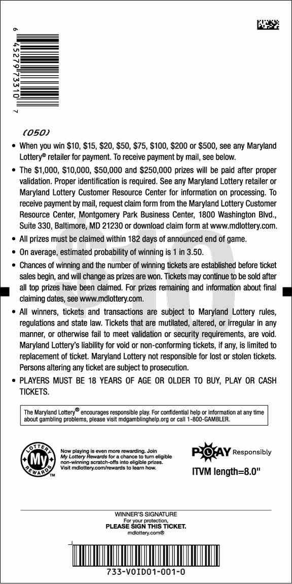 Money Bags scratchcard - game number #733 - back