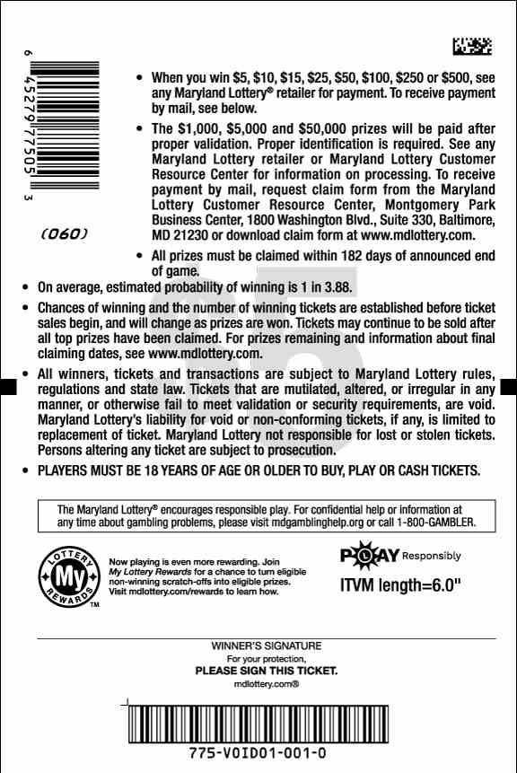 Money Maker scratchcard - game number #775 - back