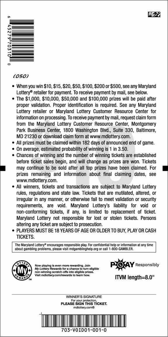 Money Rush scratchcard - game number #703 - back