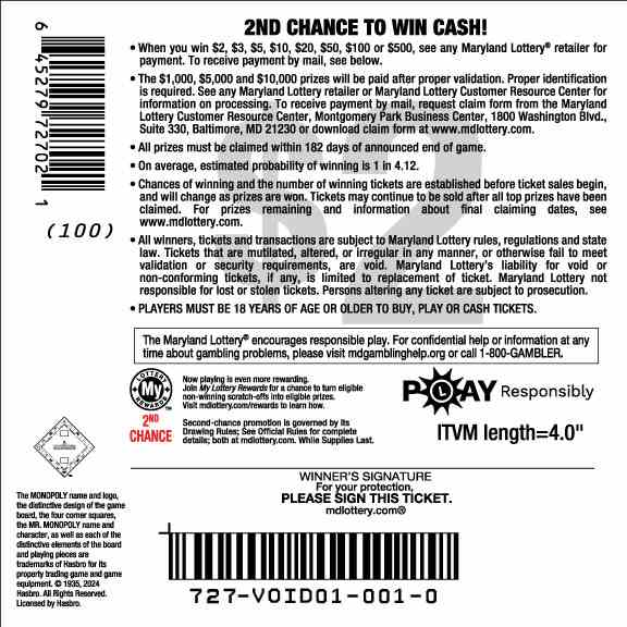 Monopoly X10 scratchcard - game number #727 - back