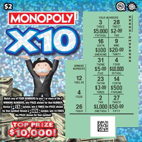 Monopoly X10 scratchcard - game number #727 - front-scratched