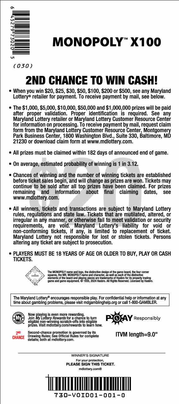 Monopoly X100 scratchcard - game number #730 - back