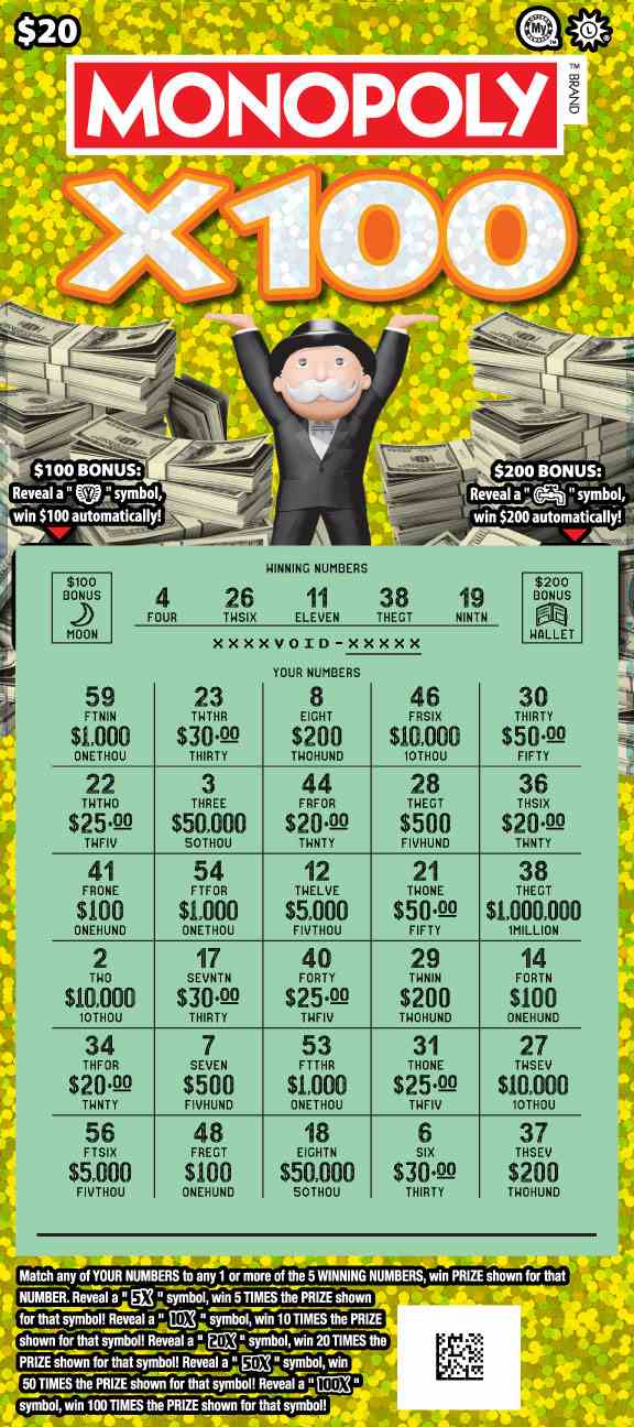 Monopoly X100 scratchcard - game number #730 - front-scratched