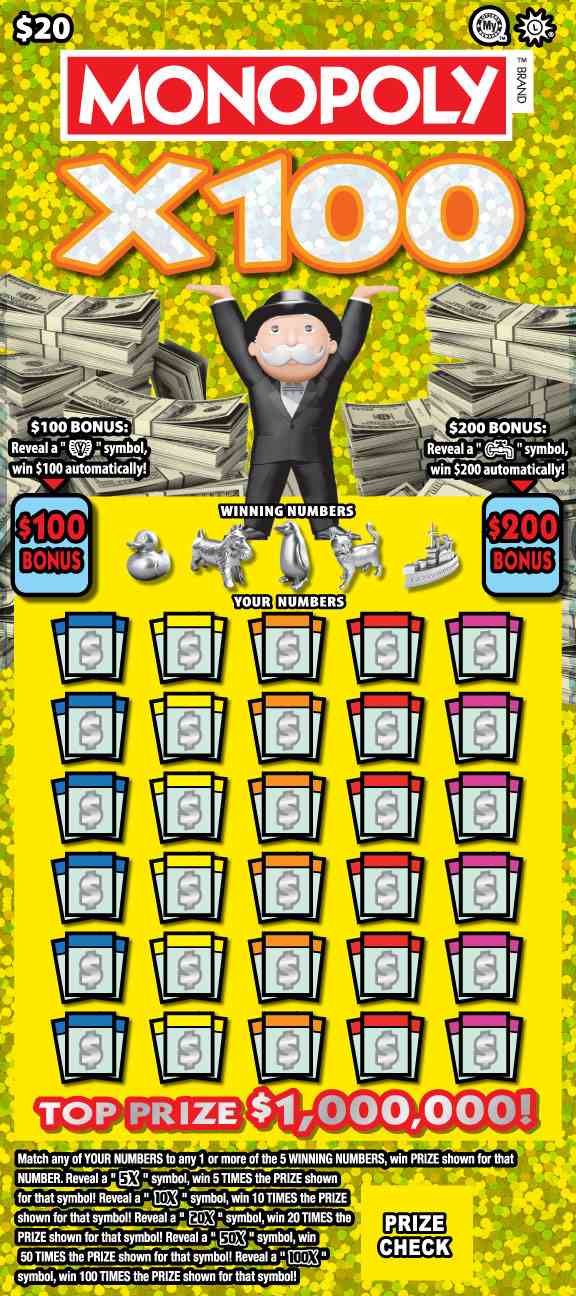 Monopoly X100 scratchcard - game number #730 - front
