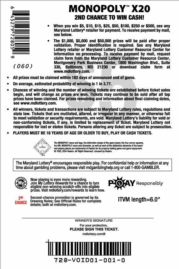 Monopoly X20 scratchcard - game number #728 - back