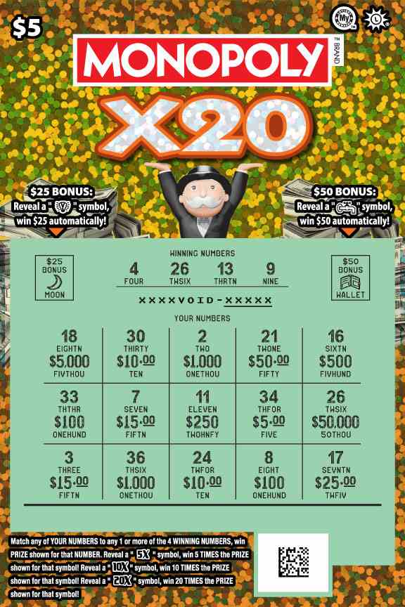 Monopoly X20 scratchcard - game number #728 - front-scratched