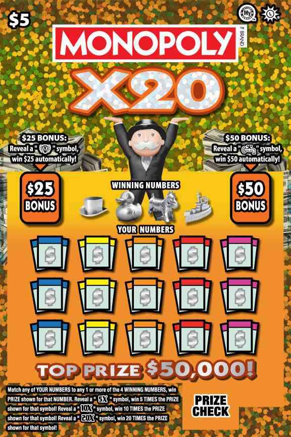 Monopoly X20 scratchcard - game number #728 - front
