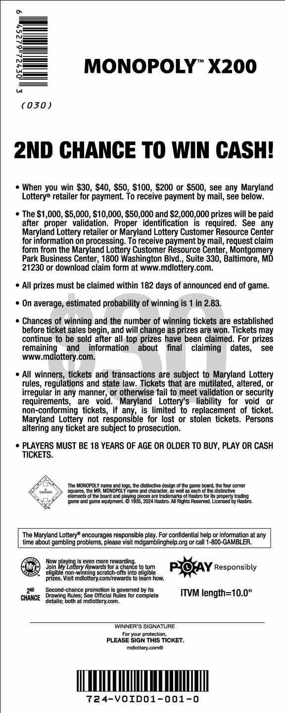 Monopoly X200 scratchcard - game number #724 - back