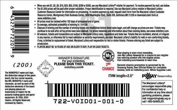 Monopoly X5 scratchcard - game number #722 - back