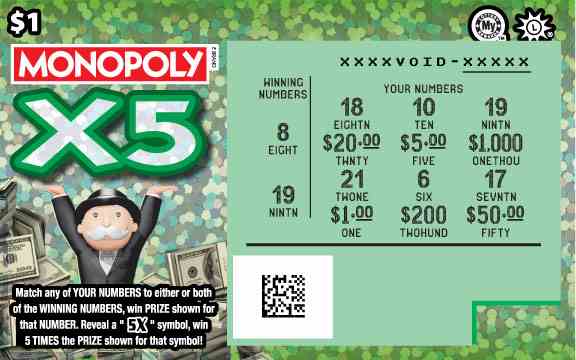 Monopoly X5 scratchcard - game number #722 - front-scratched