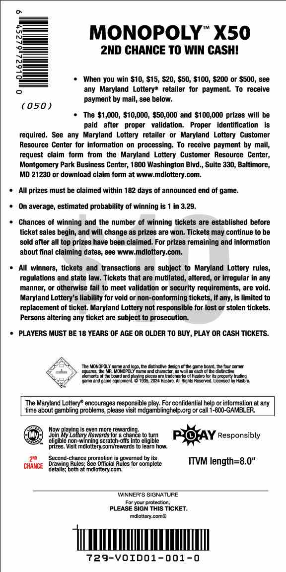 Monopoly X50 scratchcard - game number #729 - back