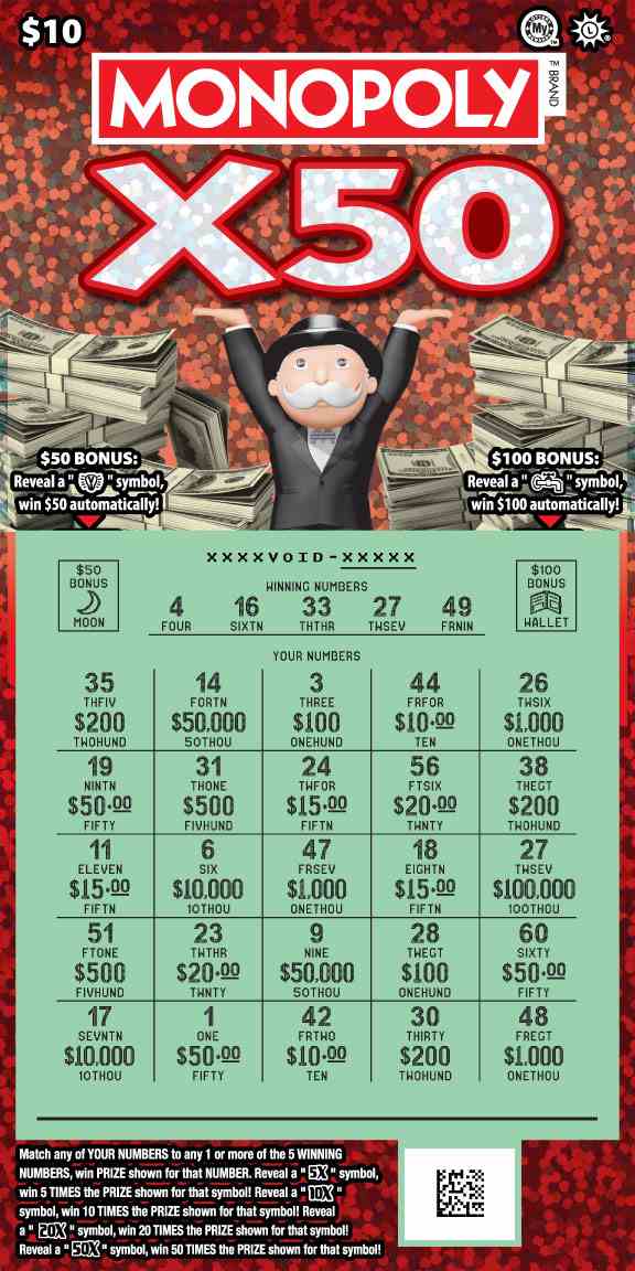 Monopoly X50 scratchcard - game number #729 - front-scratched