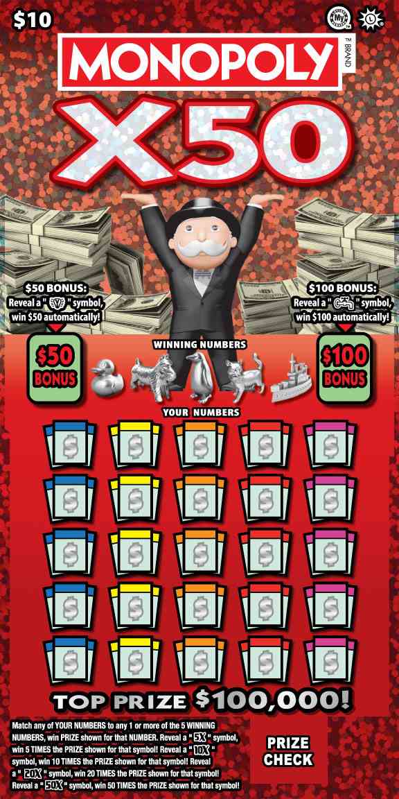 Monopoly X50 scratchcard - game number #729 - front