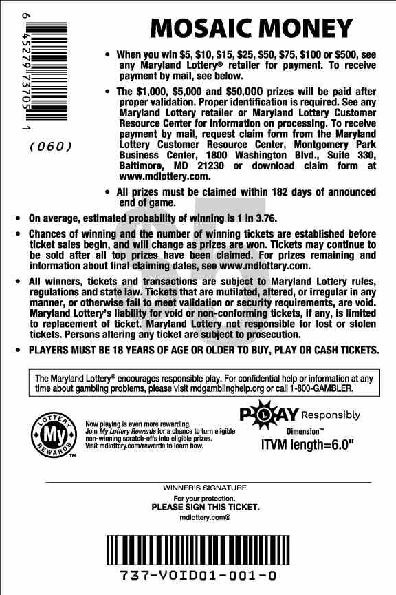 Mosaic Money scratchcard - game number #737 - back