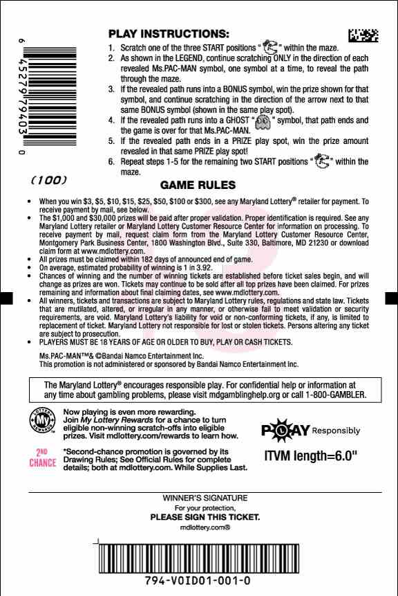 Ms.Pac-Man scratchcard - game number #794 - back