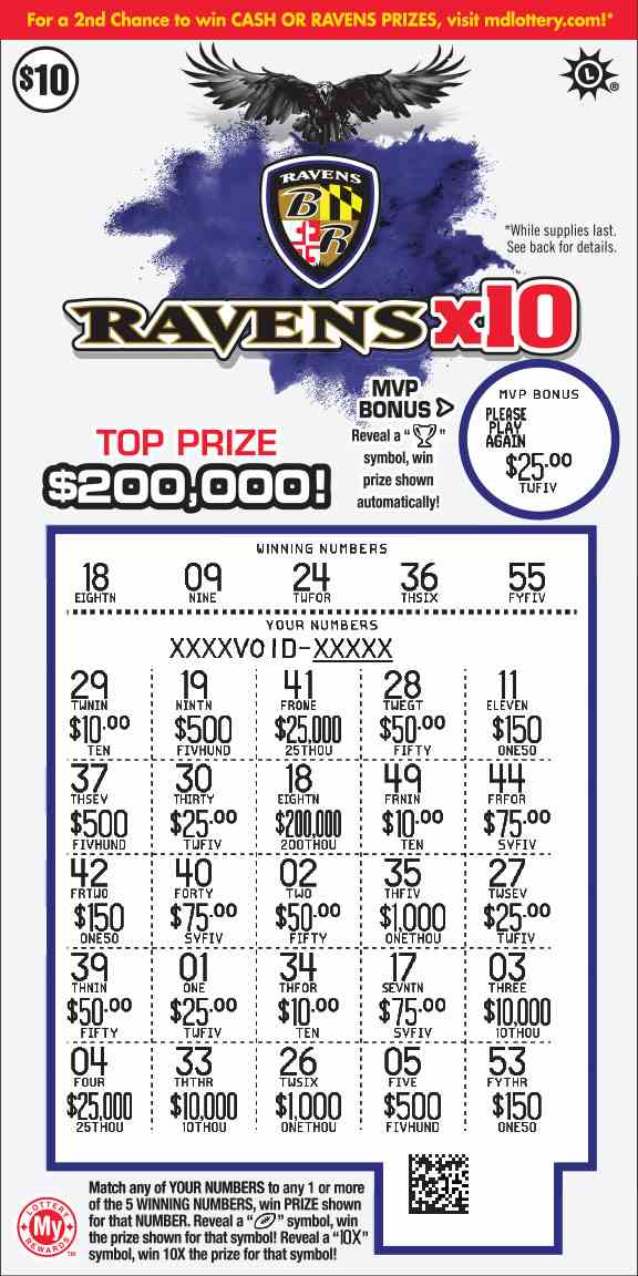 Ravens X10 scratchcard - game number #706 - front-scratched