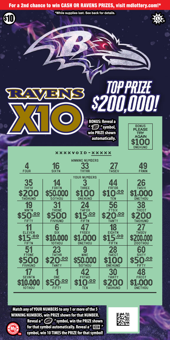 Ravens X10 scratchcard - game number #808 - front-scratched