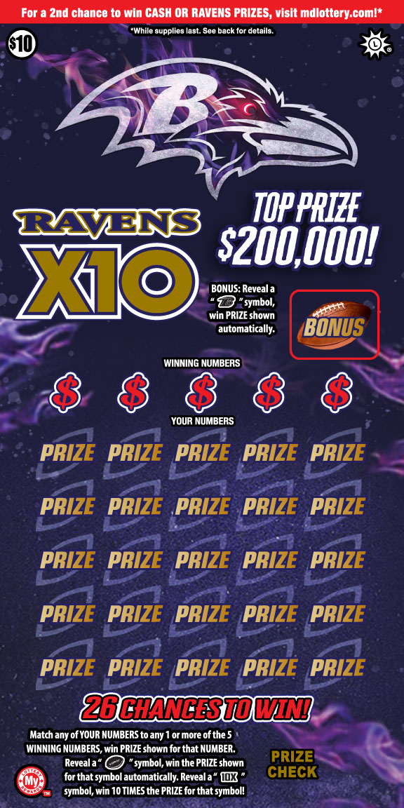 Ravens X10 scratchcard - game number #808 - front