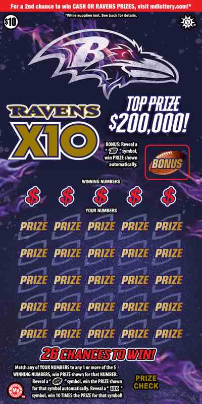 Ravens X10 scratchcard - game number #808 - front