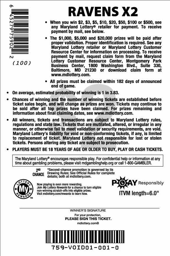 Ravens X2 scratchcard - game number #759 - back