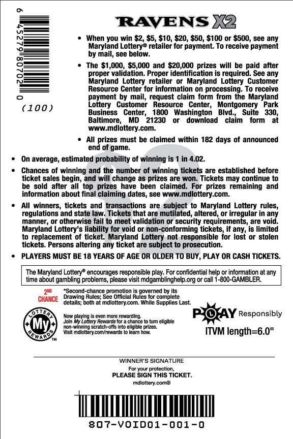 Ravens X2 scratchcard - game number #807 - back