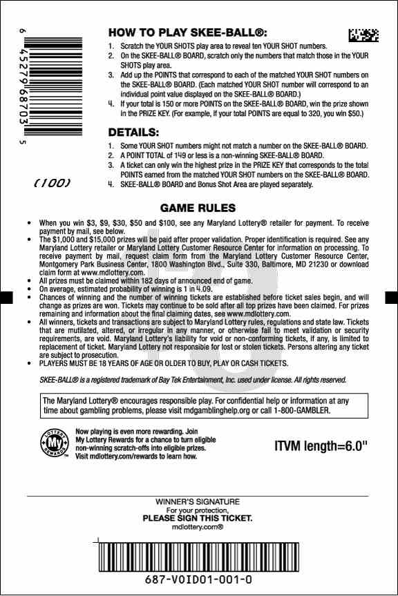 Skee-Ball® scratchcard - game number #687 - back