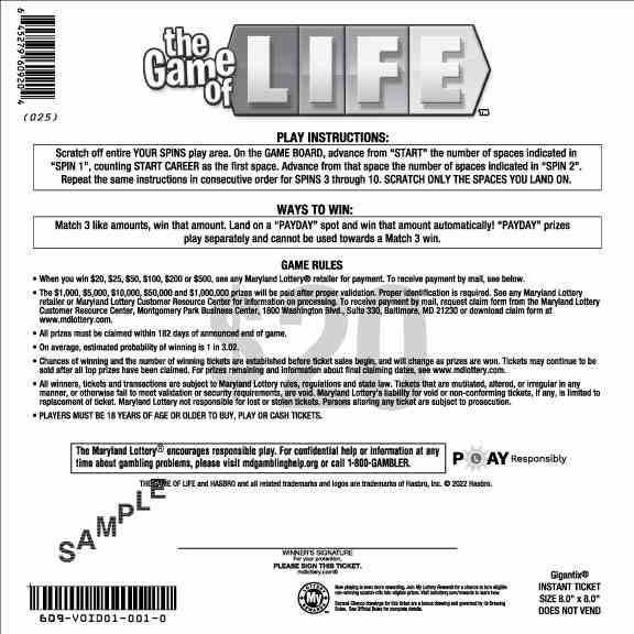 The Game Of Life scratchcard - game number #609 - back