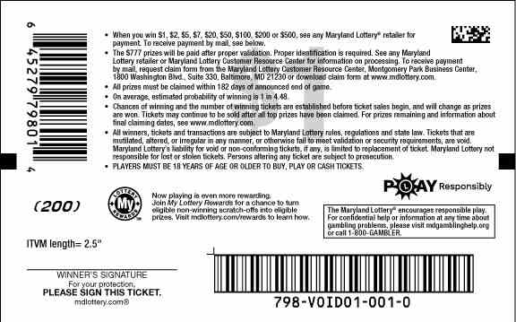 Triple Red 7S scratchcard - game number #798 - back
