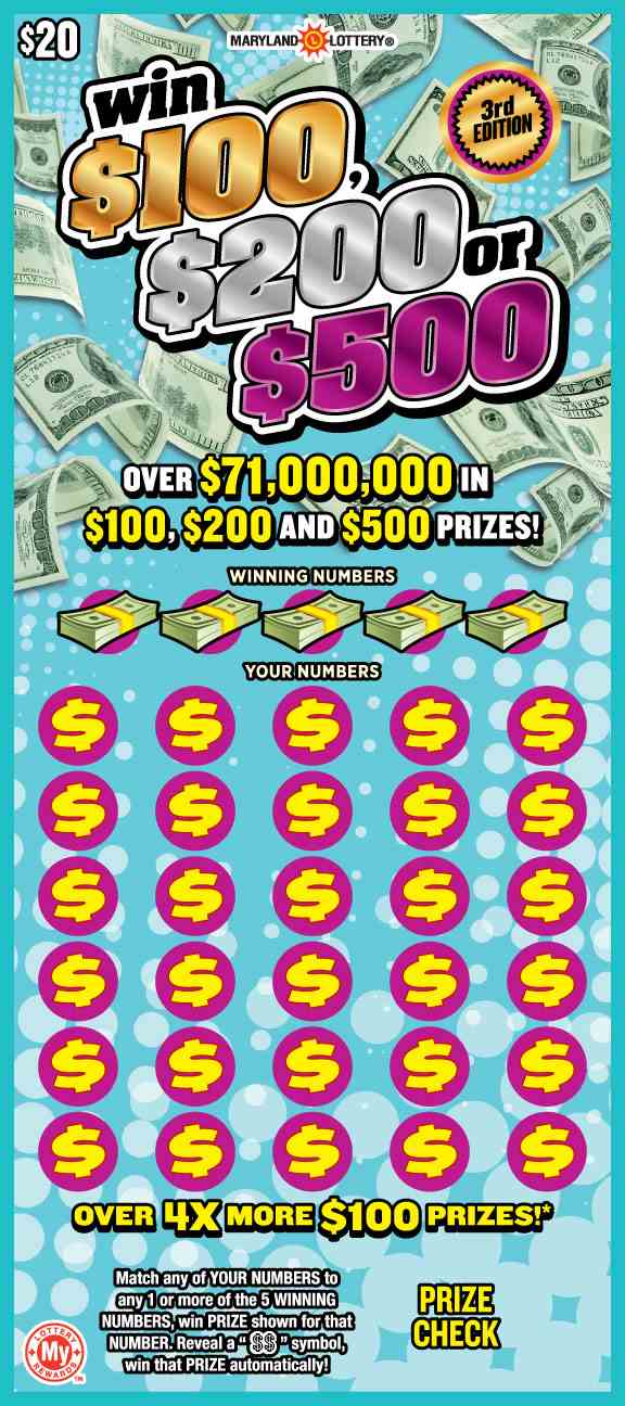 Win $100, $200 Or $500 scratchcard - game number #718 - front