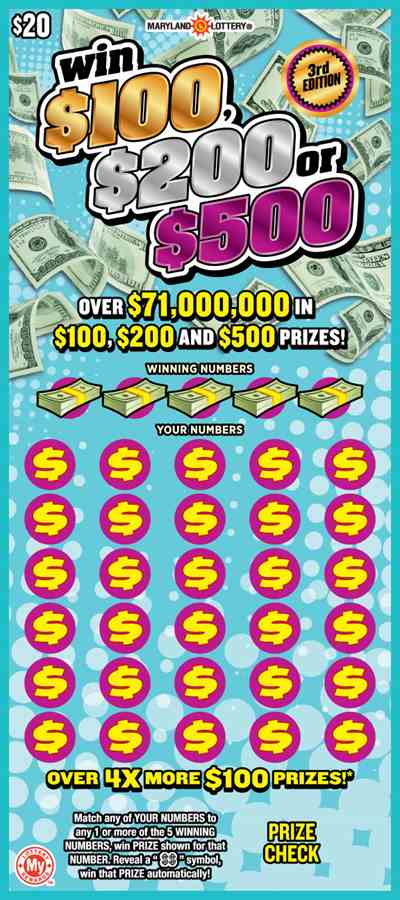 Win $100, $200 Or $500 scratchcard - game number #718 - front