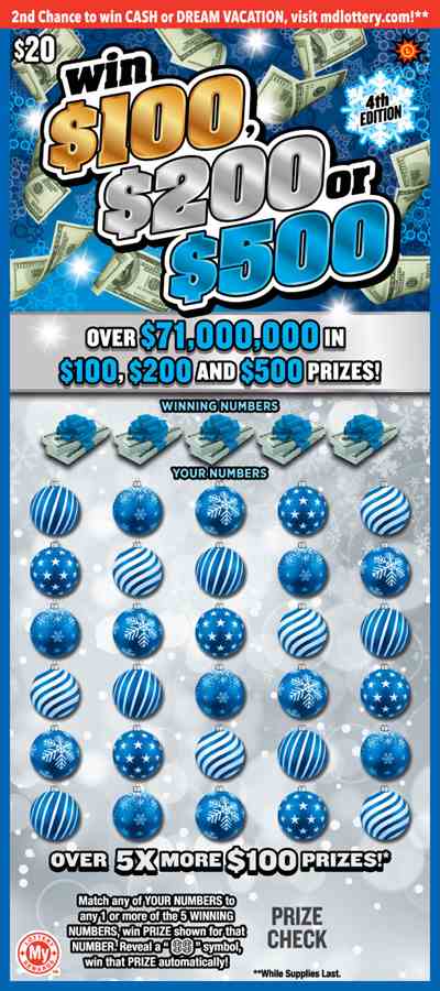 Win $100, $200 Or $500 scratchcard - game number #825 - front