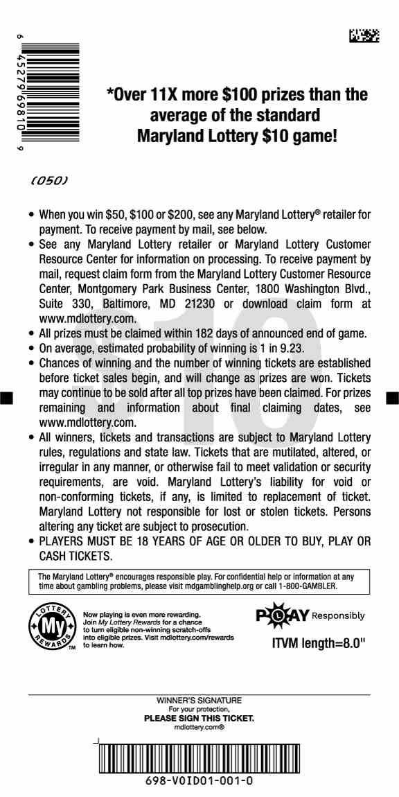 Win $50, $100 Or $200 scratchcard - game number #698 - back