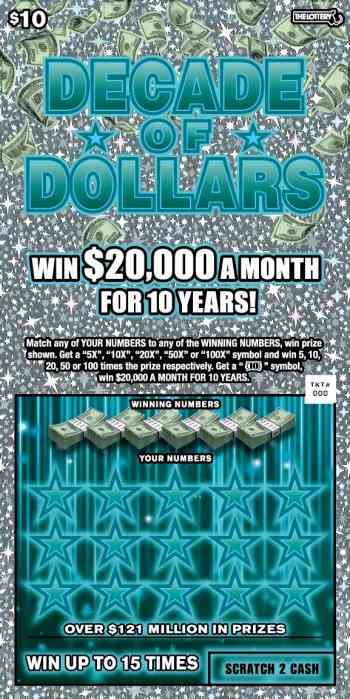 $10 DECADE OF DOLLARS scratchcard - game number #390 - front