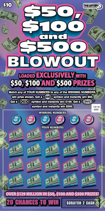 $10 – $50, $100 And $500 Blowout scratchcard - game number #477 - front