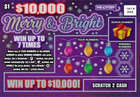 $10,000 Merry & Bright scratchcard - game number #459 - front