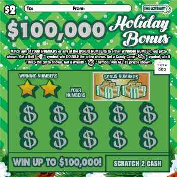 $100,000 HOLIDAY BONUS scratchcard - game number #377 - front