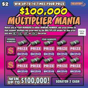 $100,000 Multiplier Mania scratchcard - game number #527 - front
