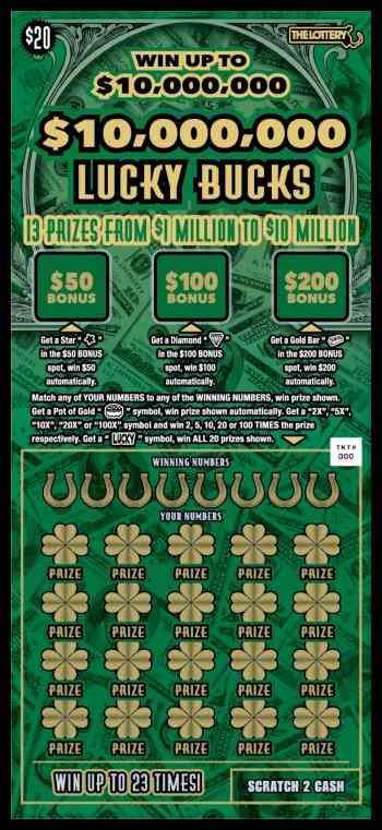 $10,000,000 LUCKY BUCKS scratchcard - game number #385 - front