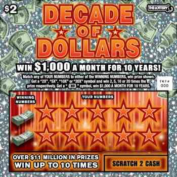 $2 DECADE OF DOLLARS scratchcard - game number #388 - front