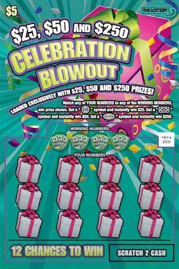 $25, $50 And $250 Celebration Blowout scratchcard - game number #465 - front