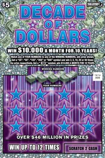 $5 DECADE OF DOLLARS scratchcard - game number #389 - front